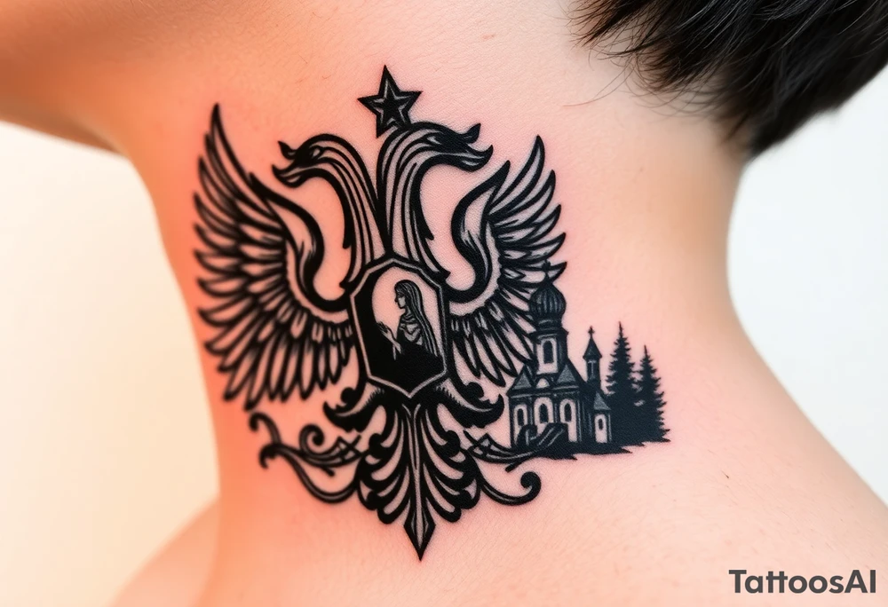 Traditional authentic Russian coat of arms with double headed eagle & a Christian orthodox virgin marry in the middle and silhouette in a Russian wilderness Christian orthodoxy dome church village setting on the side of my neck tattoo idea