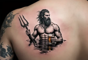 young, fit poseidon in calm water, holding a trident, drinking a beer, with a barefoot on his bicep tattoo idea