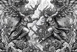 Angels fighting demons over fire with skulls in the background tattoo idea
