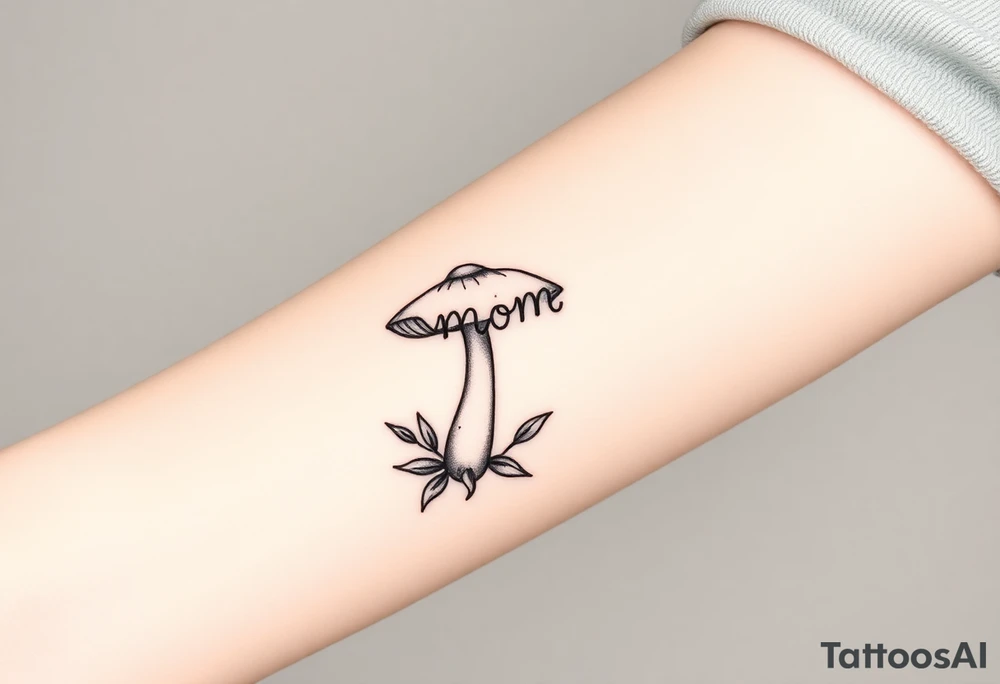 Mushroom with word mom on it with gnome on top tattoo idea