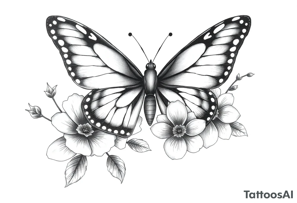 blackink work and shading butterfly with flowers tattoo idea