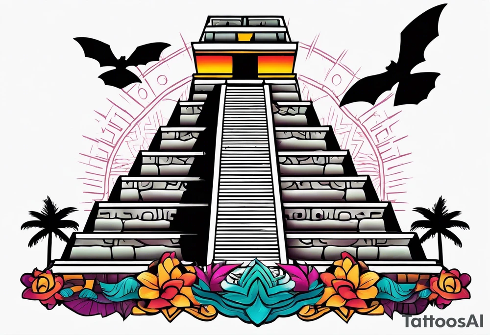 Colorful Mayan hieroglyph with sunglasses reflecting Chichen itza. Bats and waves in background tattoo idea