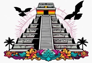 Colorful Mayan hieroglyph with sunglasses reflecting Chichen itza. Bats and waves in background tattoo idea