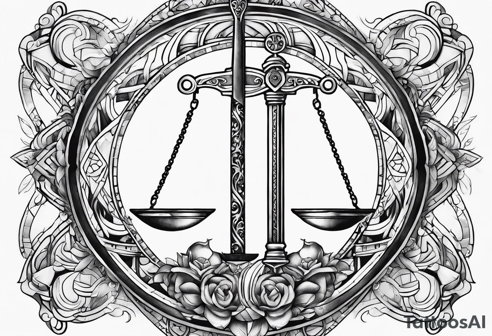 Sword with Libra scales fine lines tattoo idea