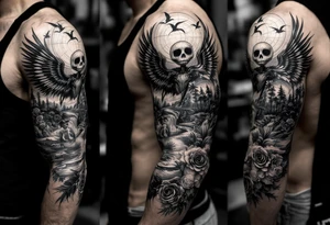 holy jack skellington with wings, fishing, river, roses, palm trees, sun, birds tattoo idea