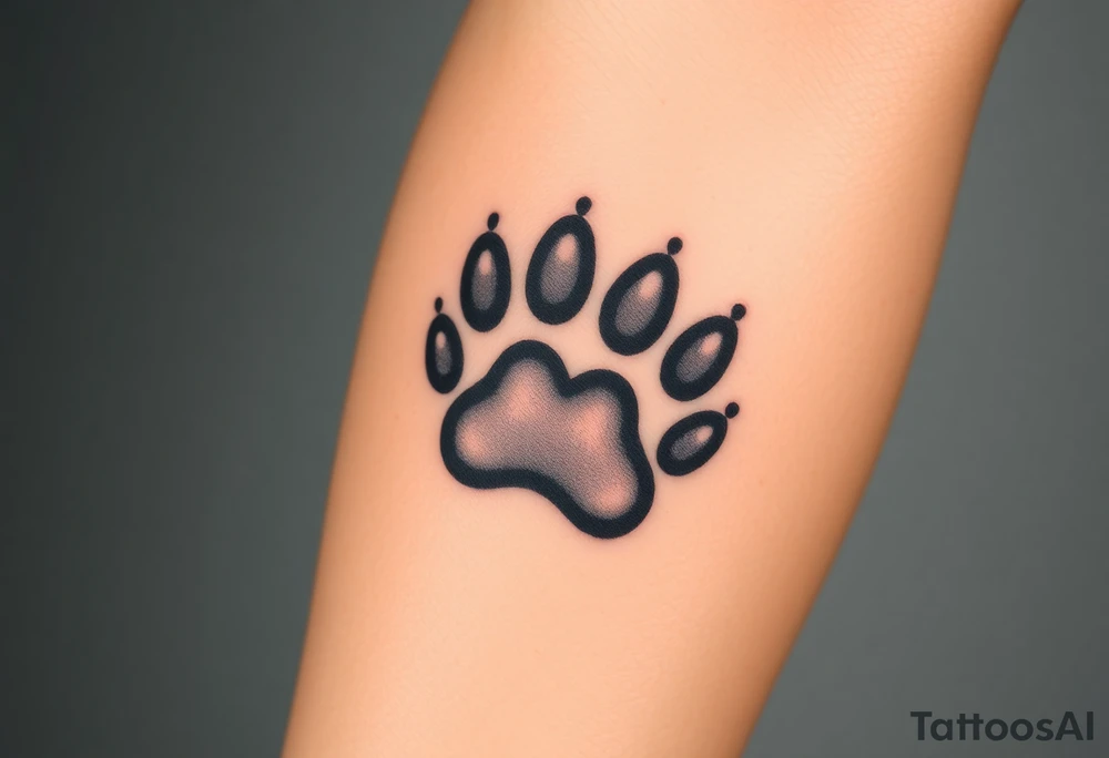 A black-and-gray shaded paw print, with heart and intense shading for a bold tattoo idea