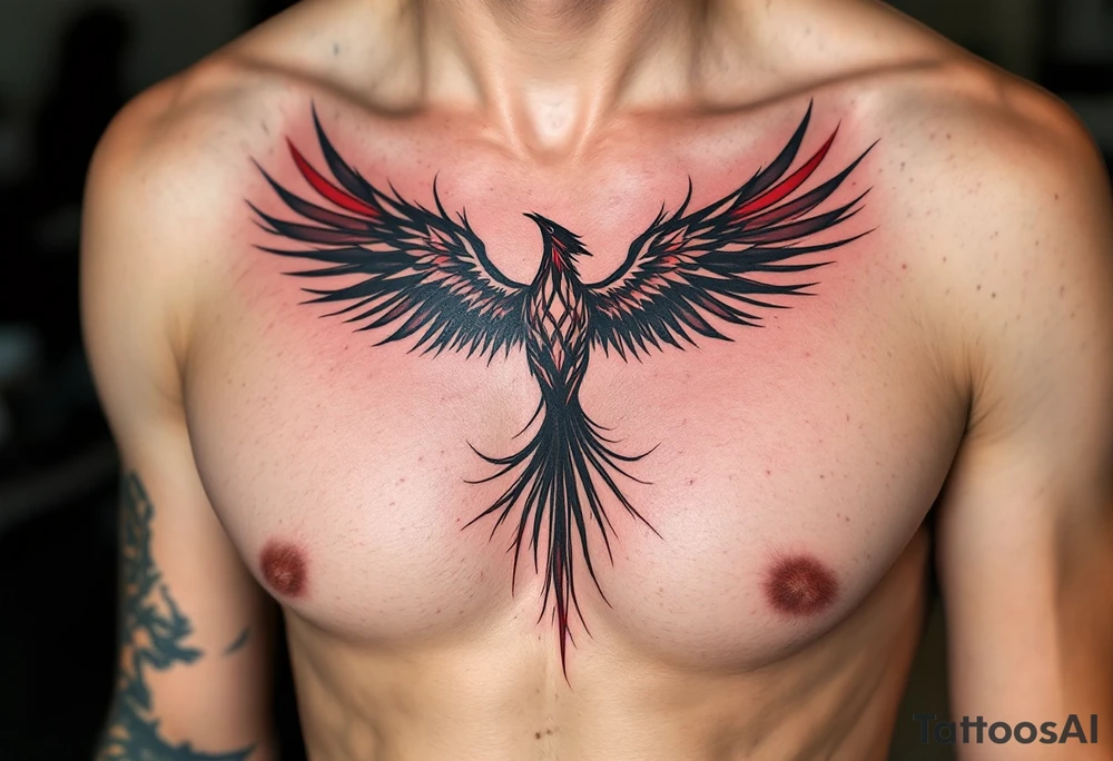 Inked in crimson and charcoal, this tattoo pairs the Latin phrase "Per aspera ad astra" with a rising phoenix, evoking triumph through pain. tattoo idea