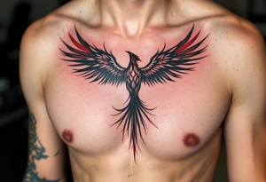 Inked in crimson and charcoal, this tattoo pairs the Latin phrase "Per aspera ad astra" with a rising phoenix, evoking triumph through pain. tattoo idea