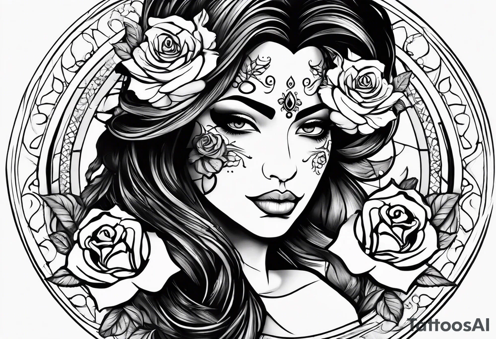 Hispanic/ Latin  woman GODDESS with half skull face, roses, loving heART, strength to move forward cancer zodiac , small clock on face tattoo idea