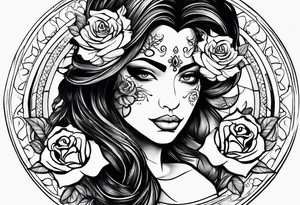 Hispanic/ Latin  woman GODDESS with half skull face, roses, loving heART, strength to move forward cancer zodiac , small clock on face tattoo idea