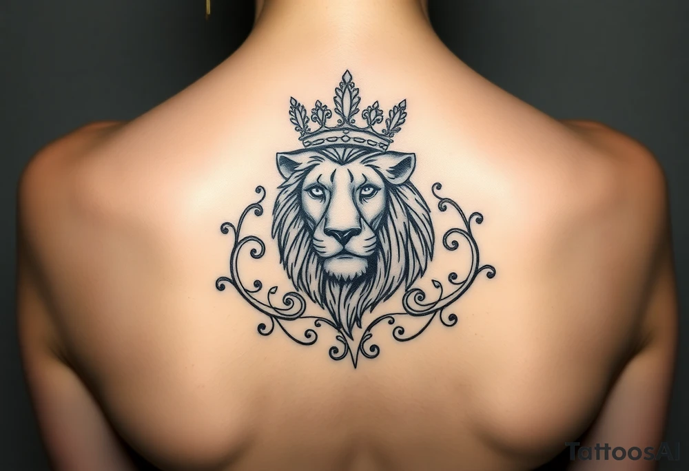 majestic lion wearing ornate crown, surrounded by baroque flourishes tattoo idea
