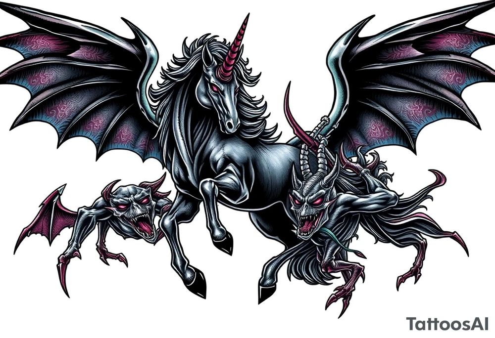 Dark unicorn evil and angry fighting with demons tattoo idea