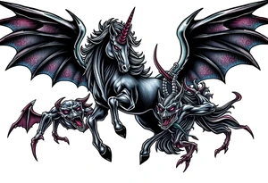 Dark unicorn evil and angry fighting with demons tattoo idea