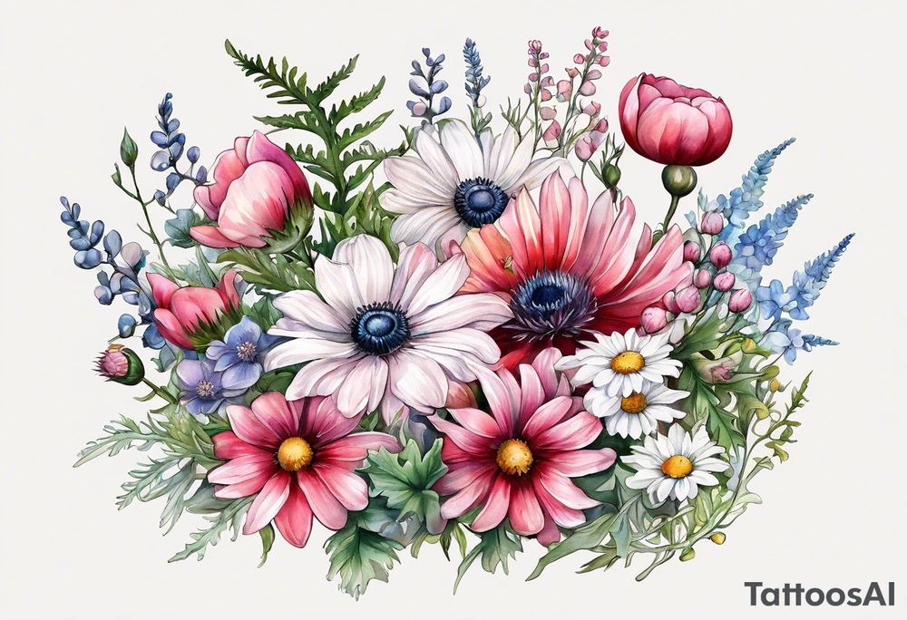 an oval of wildflowers cascading with thistles, ferns, white anemones, sun flowers, buttercups, pink flowers, red flowers, babys breath and daisies all in watercolor tattoo idea