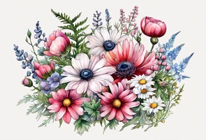 an oval of wildflowers cascading with thistles, ferns, white anemones, sun flowers, buttercups, pink flowers, red flowers, babys breath and daisies all in watercolor tattoo idea