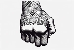 A clenched fist on the back using negative space techniques tattoo idea