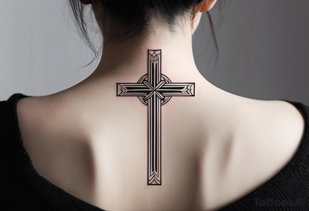 Tattoo: A refined cross with a soft halo on top of it, symbolizing light and spirituality. Delicate rays extend outward from the halo, adding a subtle glow and depth. The cross itself is simple and elegant, with potential for small, intricate line details within the design. tattoo idea