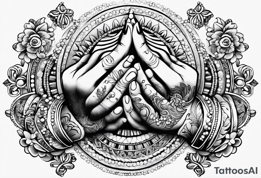 praying hands with beads and beach tattoo idea