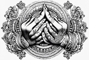 praying hands with beads and beach tattoo idea