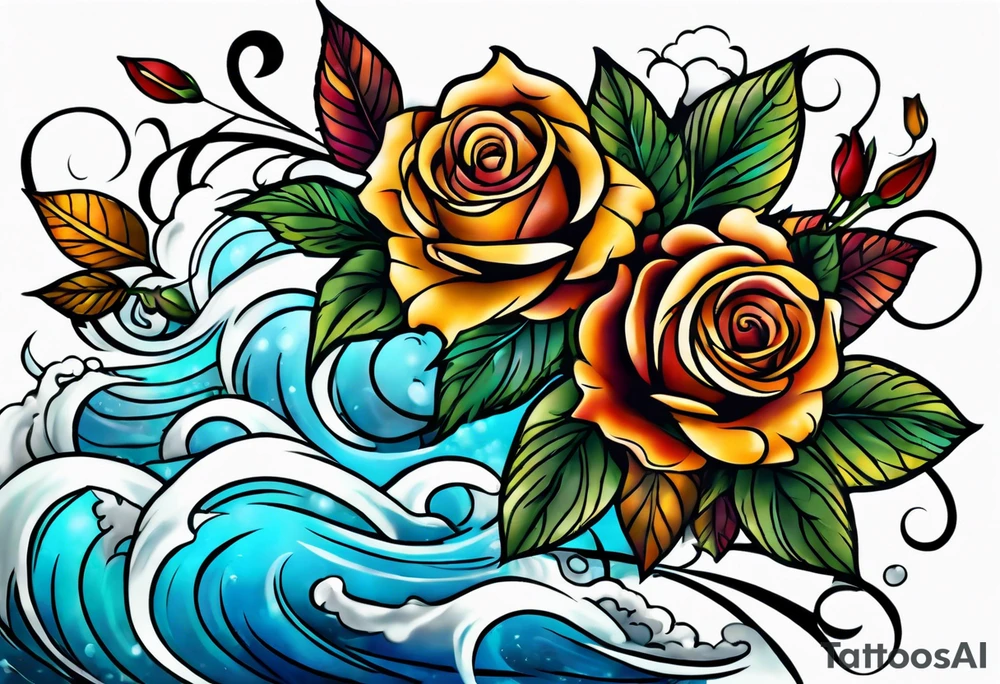 thigh tattoo with fall colors showing, small flowers, roses, water flow, and sky tattoo idea