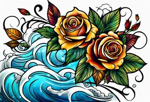 thigh tattoo with fall colors showing, small flowers, roses, water flow, and sky tattoo idea