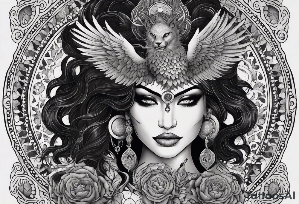 black kali, goddess pirate, alien, angel, pachamama, valkrye, warrior, flying, skull, lotus azul, wing, eagle, zenza resonance, stars, 5D, anahata chakra, death, durga, riding on a tiger, flying lady, kundalini, chest tatoo, samuri, rebel,serpent tattoo idea
