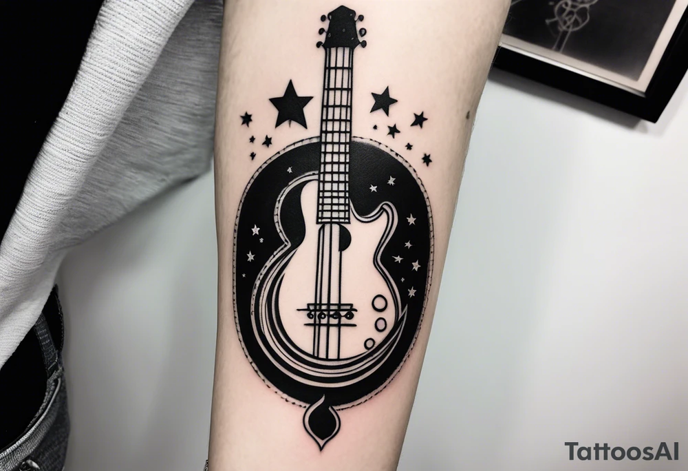 A well balanced tattoo full left arm with the following images:
a bass guitar, 
2 stars, 
1 quarter moon, 
a caduceus symbol and 
a mickey mouse shadow tattoo idea