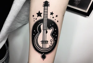 A well balanced tattoo full left arm with the following images:
a bass guitar, 
2 stars, 
1 quarter moon, 
a caduceus symbol and 
a mickey mouse shadow tattoo idea