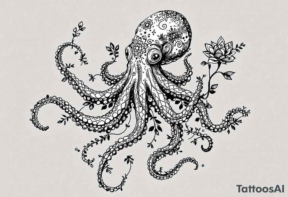 realistic octopus, detailed linework, intricate, black-and-grey shading, elegant floral vine, intertwining tentacles, thin black swirling lines, semi-transparent brown leaves, delicate mandala flower, dotwork, ornamental flourishes, radiating design, fine-line style, minimalistic, organic flow, feminine, artistic, slightly surreal, seamless composition, marine botanical fusion, lifelike texture, graceful rhythm, natural growth integration, body-following design, smooth shading, soft leaves wrapping, blooming shoulder flower, outward radiating pattern, vine tentacle flow, integrated sea creature, botanical octopus curved body placement, natural organic movement tattoo idea