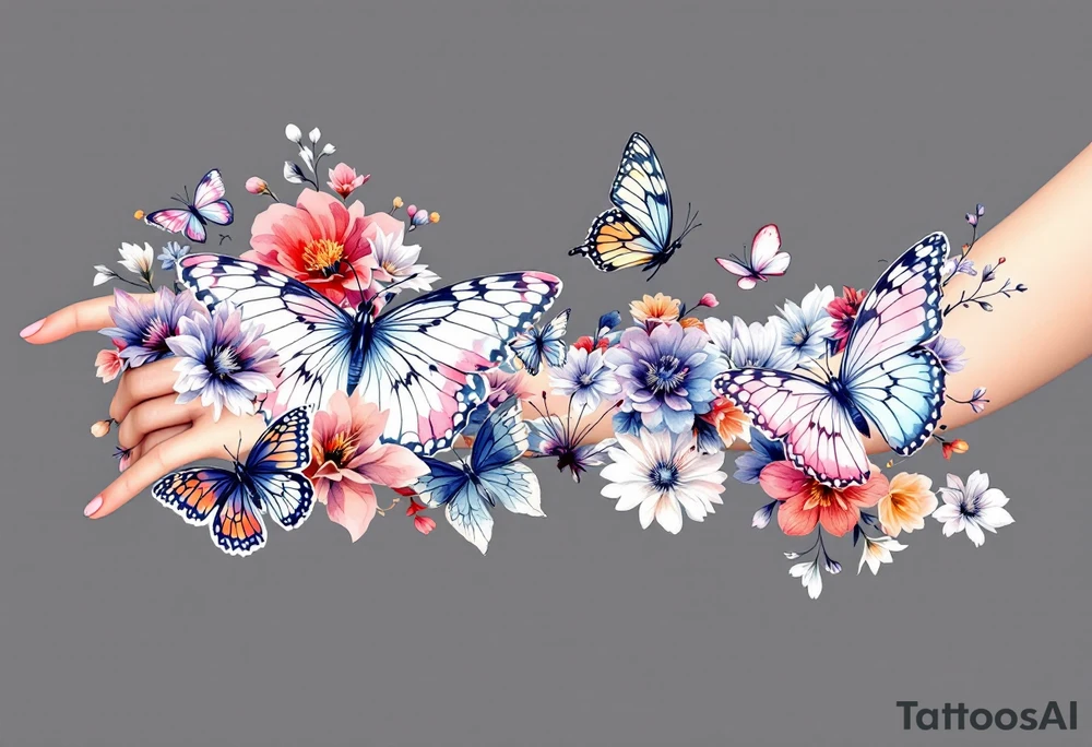 Different butterflies in many sizes with flowers tattoo idea