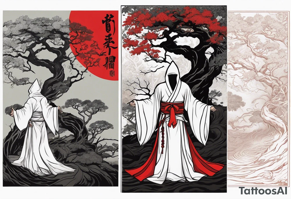 Three of bows.  Hooded man in white. Right hand up. Left hand holding a bow. A one red and one white snake intertwining going up the front of the robe. Large oak tree behind him. And two paths going around him and the tree. tattoo idea