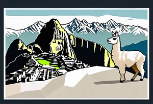 Machu picchu, llama and mountains. Simple tattoo sketch without small details tattoo idea