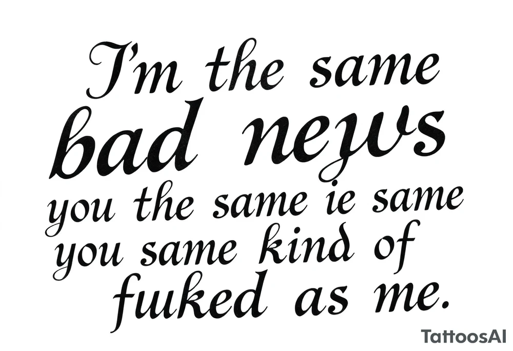 Chicano blackletter script tattoo, elegant cursive with thick and thin strokes, a lot of dramatic flourishes, especially on 'f' and 'y'. Text: “I’m the same bad news as you, you’re the same kind of fucked as me.” High contrast, black ink on white background, no shading, no color tattoo idea