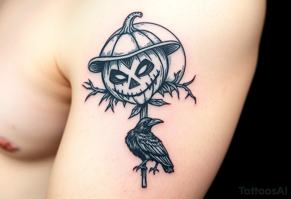 realistic sentinel pumpkin head scarecrow. drawn raven at the base of the scarecrow. full moon in the background tattoo idea