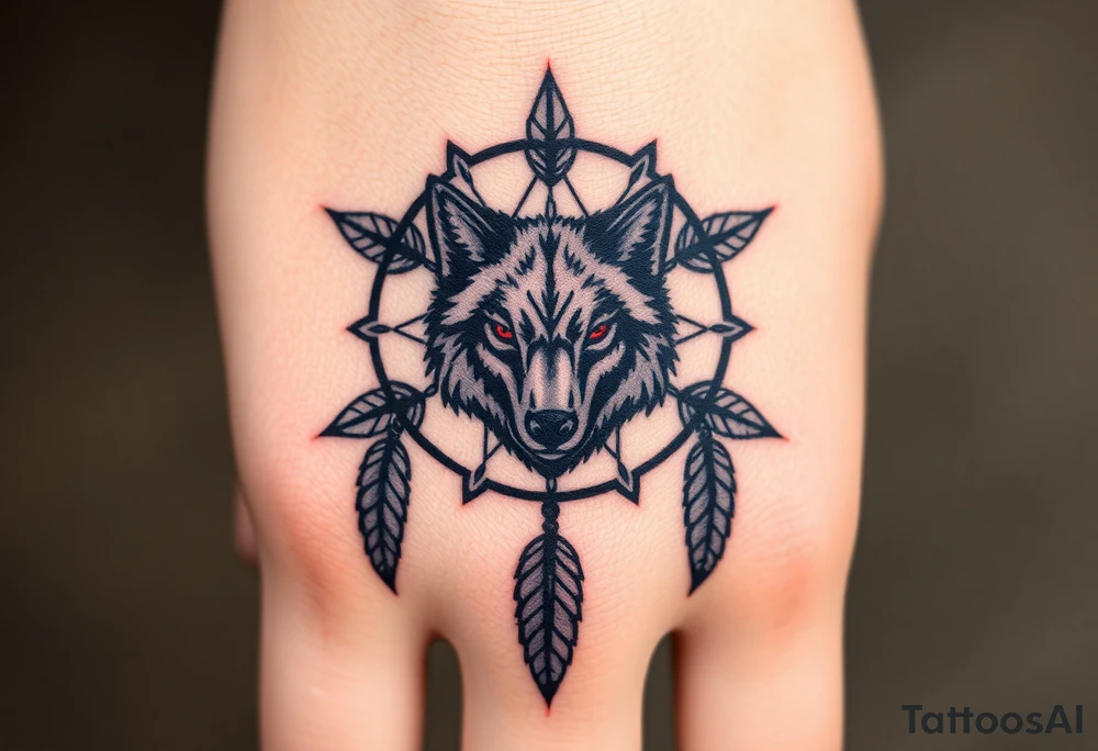 A symmetrical tribal wolf head inside a dreamcatcher, with feather patterns forming geometric shapes around it. The design is rendered in black ink with accents of red for the eyes and white in the feathers tattoo idea