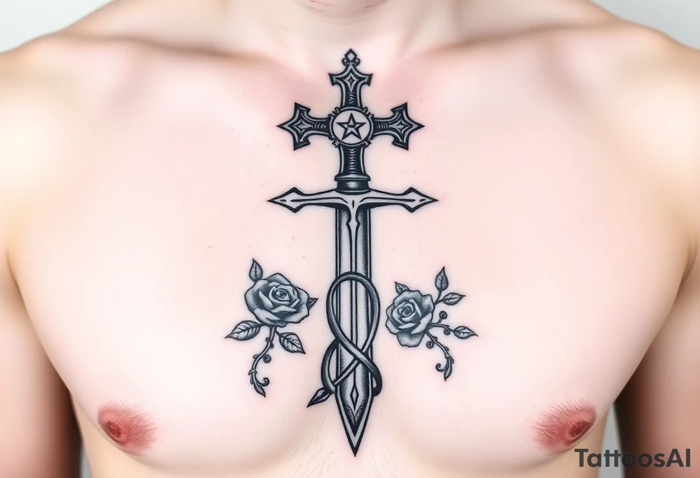 A gothic cross with a sword tip on the bottom going through an infinity sign and has roses and vines growing around tattoo idea