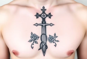 A gothic cross with a sword tip on the bottom going through an infinity sign and has roses and vines growing around tattoo idea