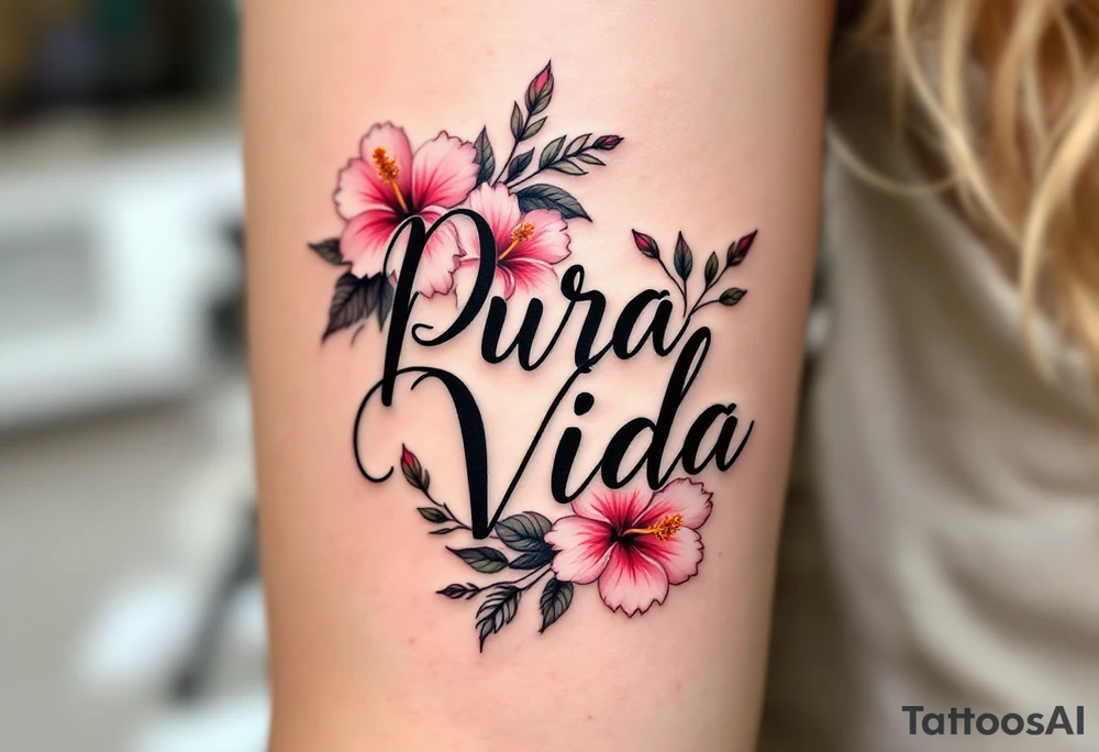 "Pura Vida” in elegant black script wrapped with tropical hibiscus flowers in shades of pink and coral. tattoo idea