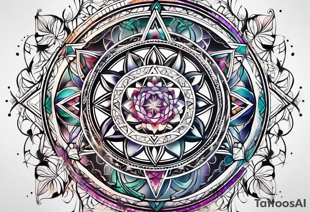 front knee tattoo with sacred geometry, swirls & washes, background tattoo idea