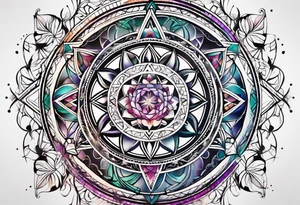 front knee tattoo with sacred geometry, swirls & washes, background tattoo idea