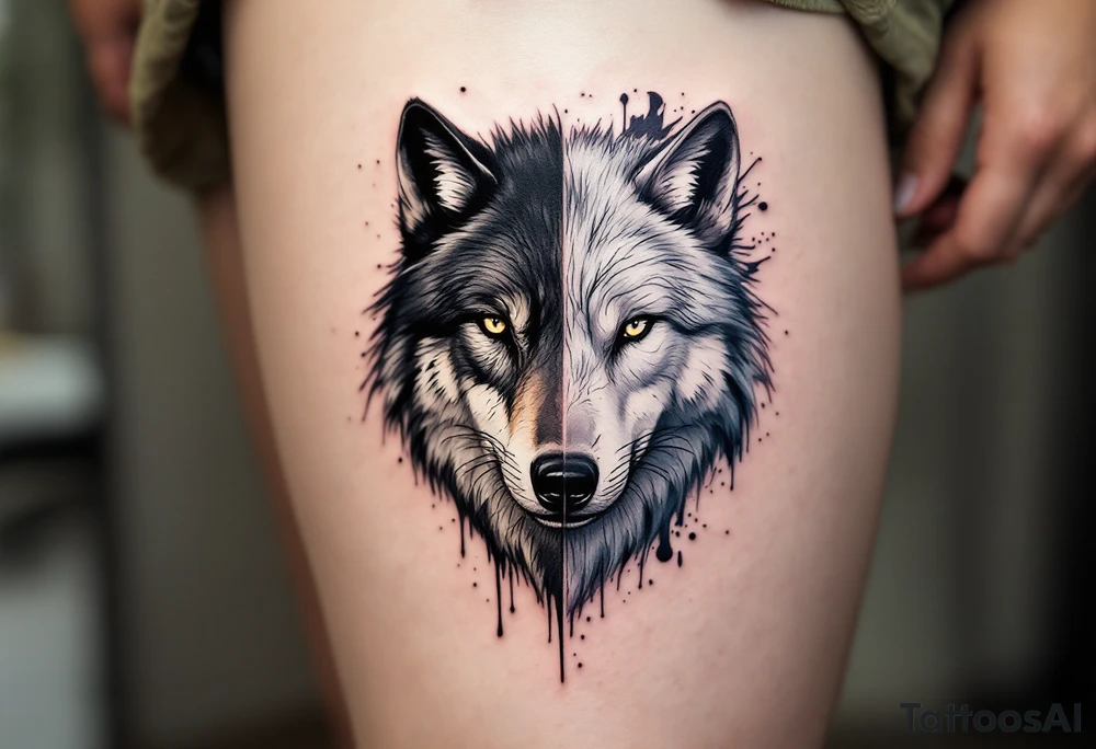 Black wolf face and a white wolf face side by side tattoo idea