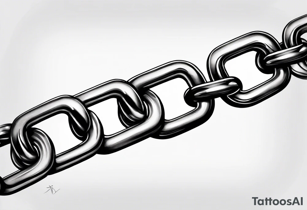Create a tattoo sketch in a realistic style, depicting a straight chain lying horizontally on a white background. The chain links should be identical in size, evenly spaced, and perfectly aligned from a top-down view. Focus on capturing the metallic texture, reflections, shadows, and signs of wear on each link for a lifelike effect. tattoo idea