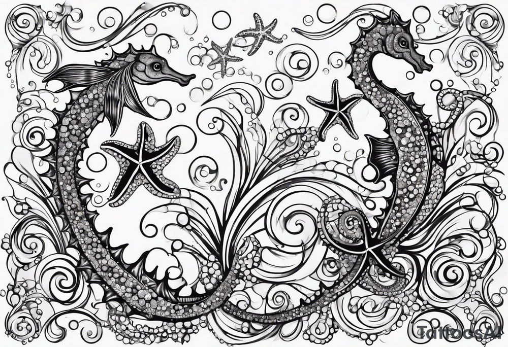 Small Starfish, Seahorse in a vertical line with bubbles tattoo idea