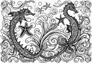 Small Starfish, Seahorse in a vertical line with bubbles tattoo idea