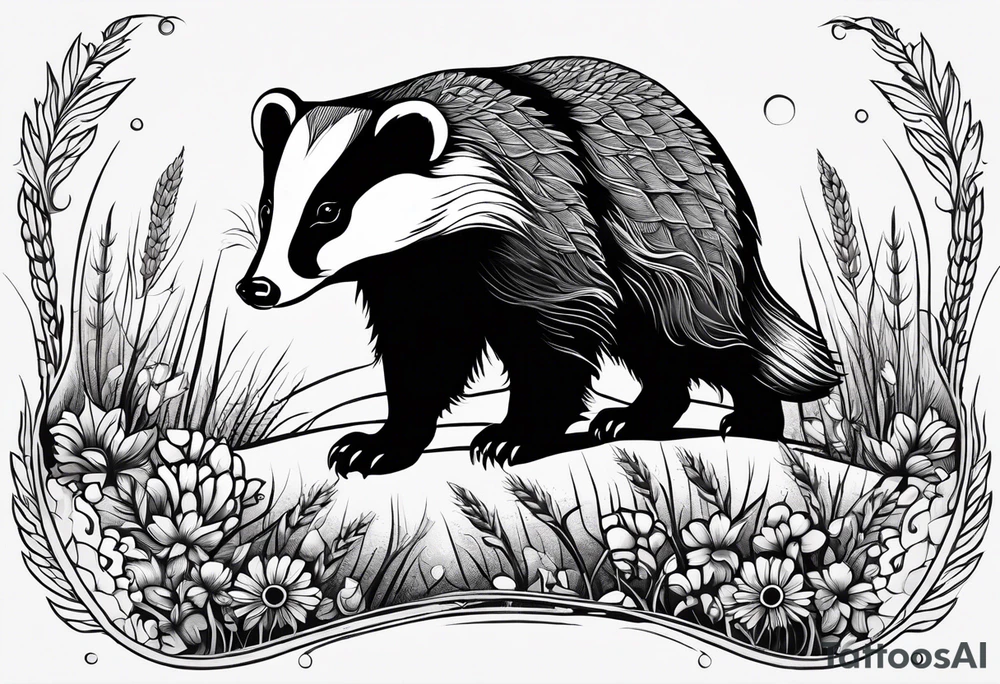 A trippy black and white tattoo of a badger, flowers, a field of wheat, forest and fractals tattoo idea