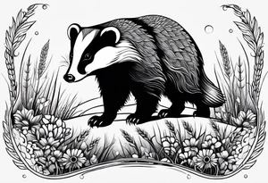 A trippy black and white tattoo of a badger, flowers, a field of wheat, forest and fractals tattoo idea
