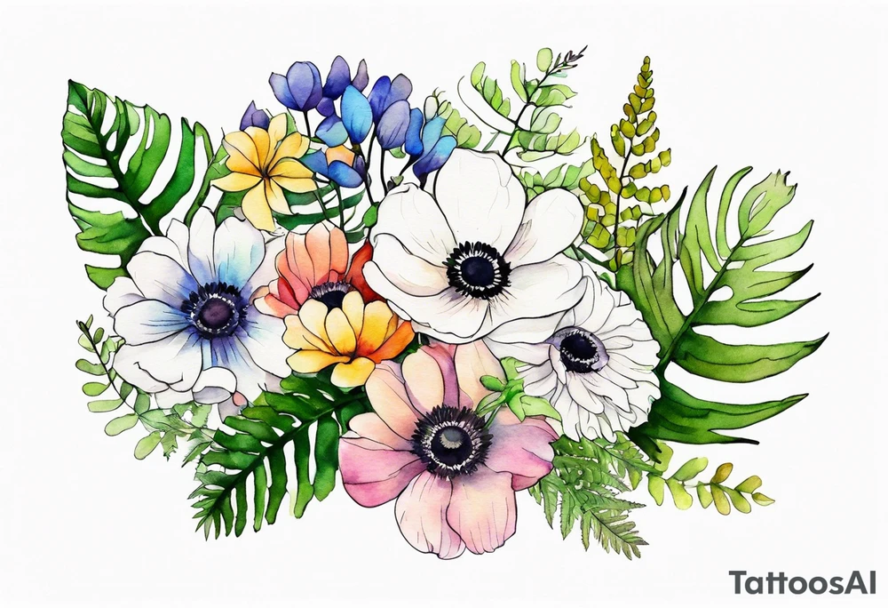 Minimalist Multicolored wild flowers bouquet with ferns and white anemone all watercolor tattoo idea