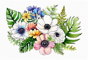 Minimalist Multicolored wild flowers bouquet with ferns and white anemone all watercolor tattoo idea
