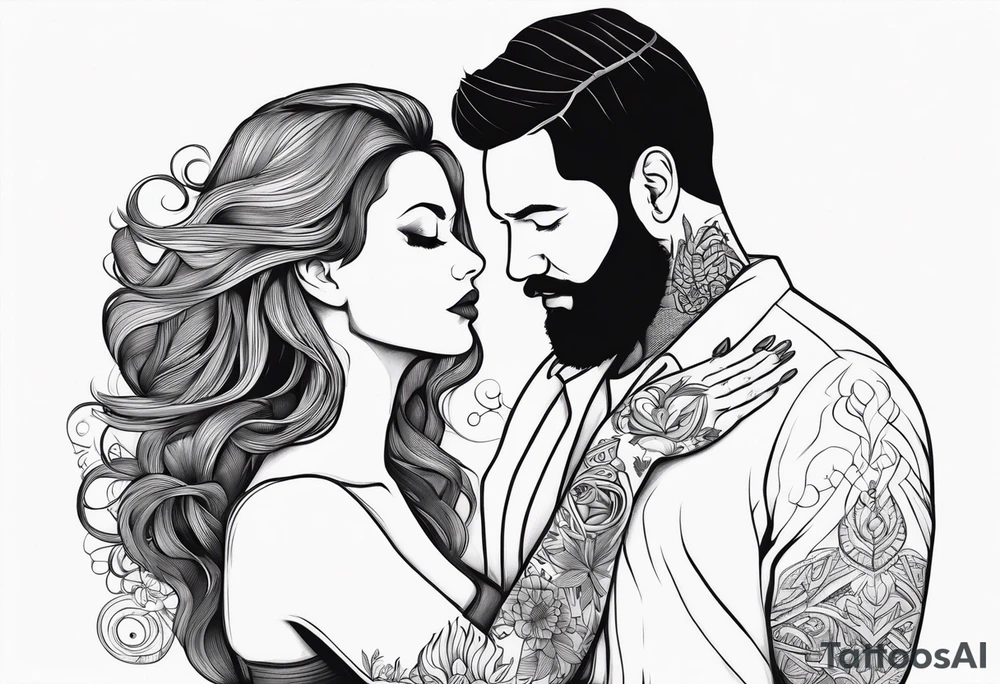 Busty red hair woman with bearded man black hair tattoo idea