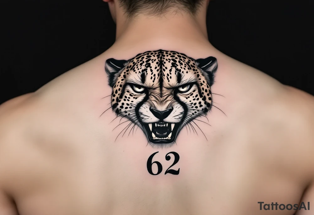 angry cheetah with the number 62 tattoo idea